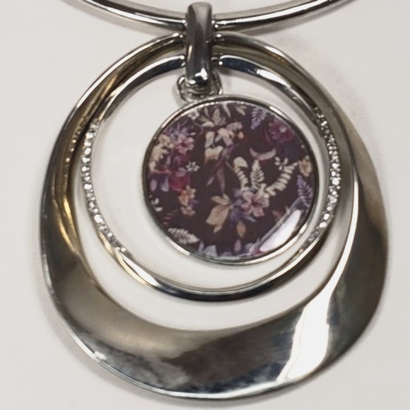 Multi Hoops Flower Pendant Statement Necklace - Polished Silver tone - Picture 3 of 10